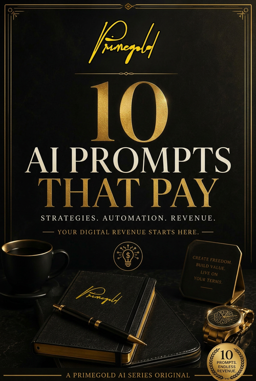 Promotional image for '10 AI Prompts That Pay' by Primegold, featuring a coffee cup, notebook, and Primegold logo.